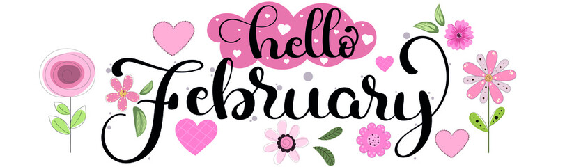 FEBRUARY Vector. Hello February month with flowers and leaves. Decoration floral. Illustration month February