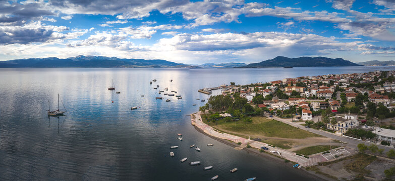 Aerial view, cape of Kamena Vourla city and the Aegean sea.