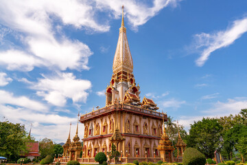Fototapeta na wymiar Beautiful pagoda in Phuket, Thailand - 9 December 2020 , The Phra Mahathat Chedi (Great Relic Stupa) Wat Chalong or Wat Chaithararam is famous tourist destination in Phuket Thailand