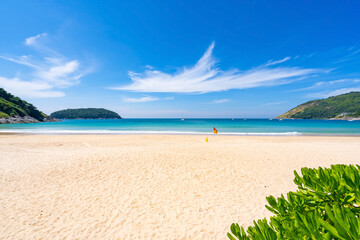 Beach in summer season at naiharn beach Phuket on December 7,2020 Concept Travel and tour,Empty beach deserted and New normal after covid-19 naiharn beach is famous tourist destination at Phuket