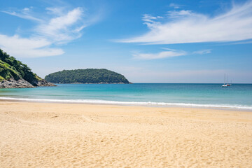 Fototapeta na wymiar Beach in summer season at naiharn beach Phuket on December 7,2020 Concept Travel and tour,Empty beach deserted and New normal after covid-19 naiharn beach is famous tourist destination at Phuket