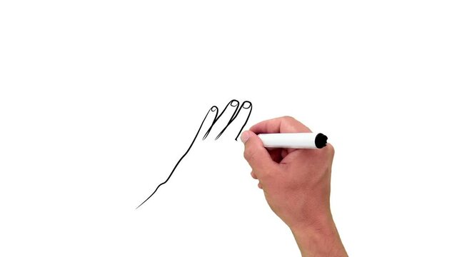 Hand and animal paw in one line. Black line animation with pencil on white background