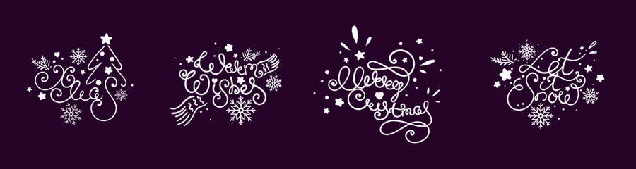 Merry Christmas doodle Style lettering set. Vector image on black background 
