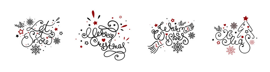 Merry Christmas doodle Style lettering set. Vector image on white background isolated 