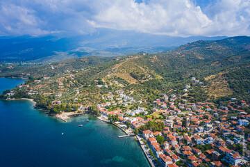Fototapeta na wymiar Paralia Amprovos aerial view of the beach cost, summer destination