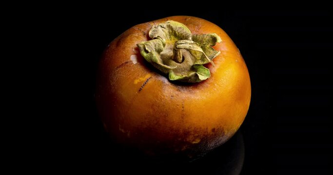 Yellow persimmon on a black background rotting, time lapse, 4k video