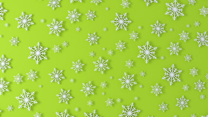 White 3d pattern snowflakes with shadow on green background. 3d render