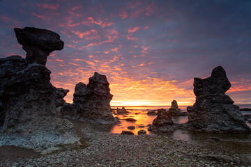Typical limestone rocks from Gotland. They are called rauks or rauk-fields. Sunrise over the Baltic...