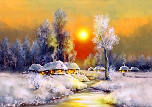 Paintings rural landscape, winter landscape with trees and snow, river. Fine art.