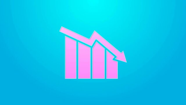 Pink line Financial growth decrease icon isolated on blue background. Increasing revenue. 4K Video motion graphic animation