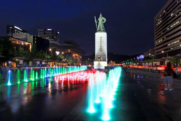 Illuminated water fountain in downtown Seoul, South Korea.