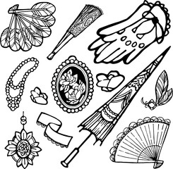 Black and white vector icons. Images of fashion items and accessories from the Victorian era. 