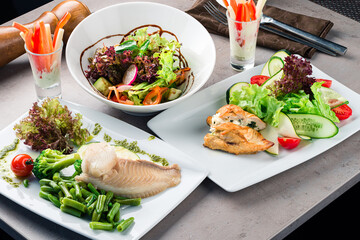 Set of diet dishes. Assortment of food set diet dish lunch on a table. Healthy concept