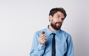 Emotional Man Stress Puzzled Look Bitcoin Cryptocurrency Model