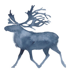 Watercolor illustration of a running reindeer silhouette on a white background