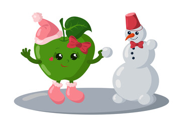 Funny smiling cute kawaii apple girl with winter shoes, bow and warm hat making a snowman. Colored isolated vector illustration in flat design with shadows