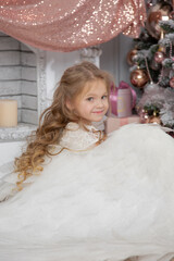 Christmas shooting of a cute little girl in the studio with wings
