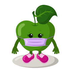 Cute kawaii apple with sneakers and medical protective face mask. Colored isolated natural vector illustration in flat design with shadows	