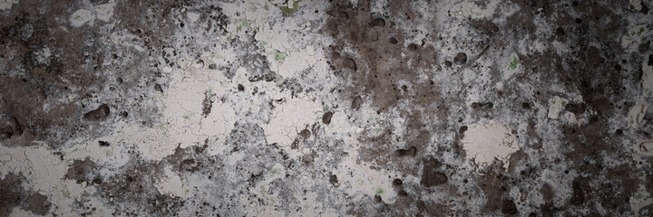 Peeling paint on the wall. Panorama of a concrete wall with old cracked flaking paint. Weathered rough painted surface with patterns of cracks and peeling. Wide panoramic texture for grunge background