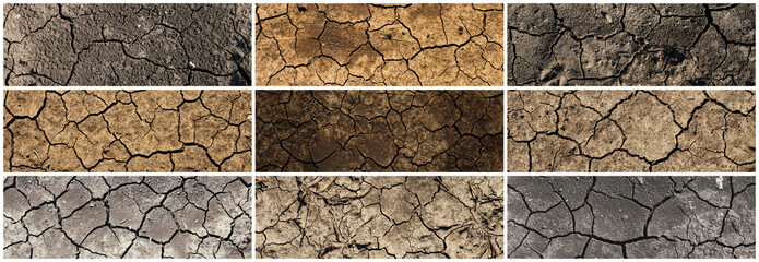Cracked dried soil texture set. Collection of panoramic backgrounds. Dry ground with cracks. Brown rough surface of the soil during summer drought. Ecology, climate change and global warming on Earth.
