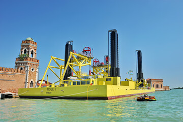Venice, Italy: May 6th 2015 Barge vessel used for construction of MOSE barrer 