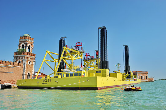 Venice, Italy: May 6th 2015 Barge vessel used for construction of MOSE barrer 