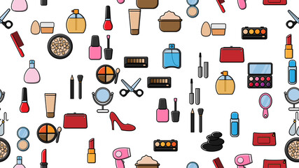 Endless seamless pattern of beautiful beauty items of female glamorous fashionable powders, lipsticks, varnishes, creams, cosmetics on a white background.  illustration