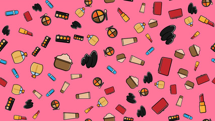 Endless seamless pattern of beautiful beauty items of female glamorous fashionable powders, lipsticks, varnishes, creams, cosmetics on a pink background. illustration