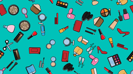 Endless seamless pattern of beautiful beauty items of female glamorous fashionable powders, lipsticks, varnishes, creams, cosmetics on a blue background.  illustration