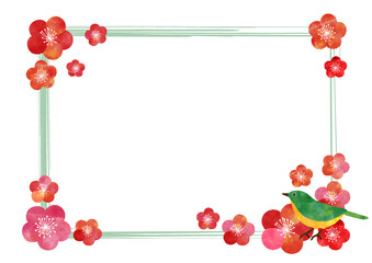 梅とウグイス_水彩フレーム