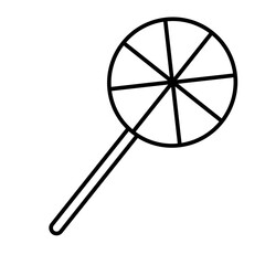 Black and white small simple linear icon of a beautiful festive New Year's Christmas treat, a long striped round candy on a stick on a white background.  illustration