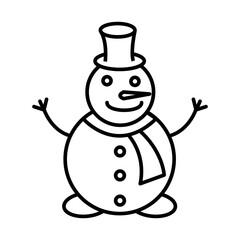 Black and white small simple linear icon of a beautiful festive New Year Christmas snowman with a cylinder on his head and in a scarf on a white background.  illustration