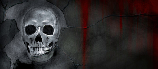 Scary Human Skull looks out of the broken bloodied window. The concept of psychological disorders,...