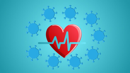 Red heart with a pulse cardiogram and a deadly dangerous coronavirus infection disease covid-19 pandemic virus molecule on a blue background