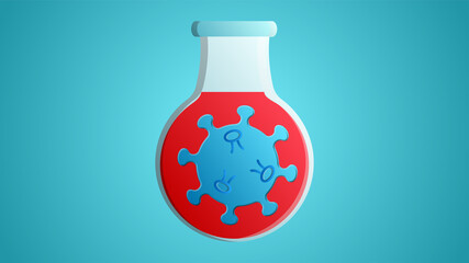 Glass laboratory medical flask scientific for the diagnosis and research of coronavirus infection disease covid-19 virus molecule on a blue background