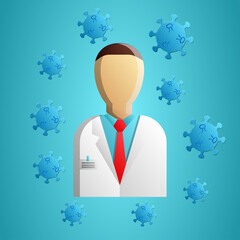 Doctor, medical worker in a white hospital coat and the disease deadly dangerous coronavirus infection covid-19 pandemic virus molecule on a blue background