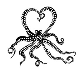 Octopus monochrome. Octopus graphic. Love. Happy Valentine's Day. The octopus makes a heart out of its tentacles . Vector illustration