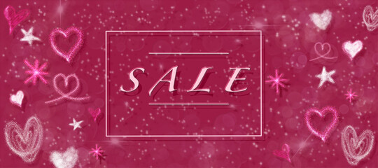 "SALE" illustration poster or banner with pink background for shopping. Fashion "sale" offer card for special days. Lovely graphic poster with hearts and sparkles for special discount to social media.