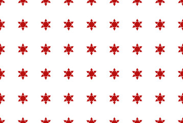 Red snowflake pattern with white background. Winterfest crystal flakes decor. Christmas holiday textile illustration. Scarlet snowfall wallpaper graphic.