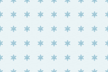 Blue ice snowflake pattern with light blue background. Winterfest crystal flakes decor. Christmas holiday textile illustration. Icy snowfall wallpaper graphic.