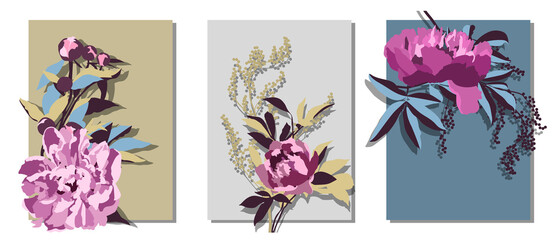 Vector floral cards with peonies. Purple peony flowers and buds, yellow, blue, brown branches and leaves isolated on a beige, grey and blue background. © ArtZuka