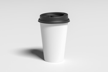 White take away coffee paper cup mock up with black lid on white background.