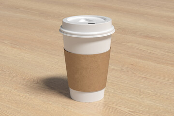 White take away coffee paper cup mock up with white lid with holder on wooden background.