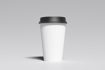 White take away coffee paper cup mock up with black lid on white background.