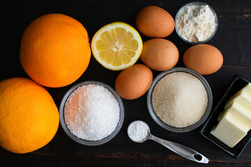 Obraz na płótnie Canvas Greek Revani (Ravani) Ingredients: Sugar, citrus fruit, coconut, and other raw ingredients