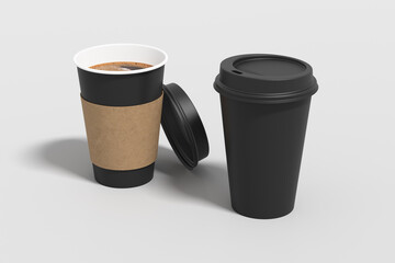 Two black take away coffee paper cups mock up with black lids on white background. Opened (with holder) and closed disposable cups.