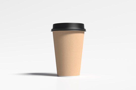 Cardboard take away coffee paper cup mock up with black lid on white background.