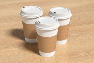 Three white take away coffee paper cups mock up with white lids on wooden background.