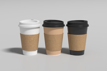 White, cardboard and black take away coffee paper cups mock up with lids with holder on white background.