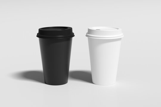 Black and white take away coffee paper cups mock up with lids on white background.